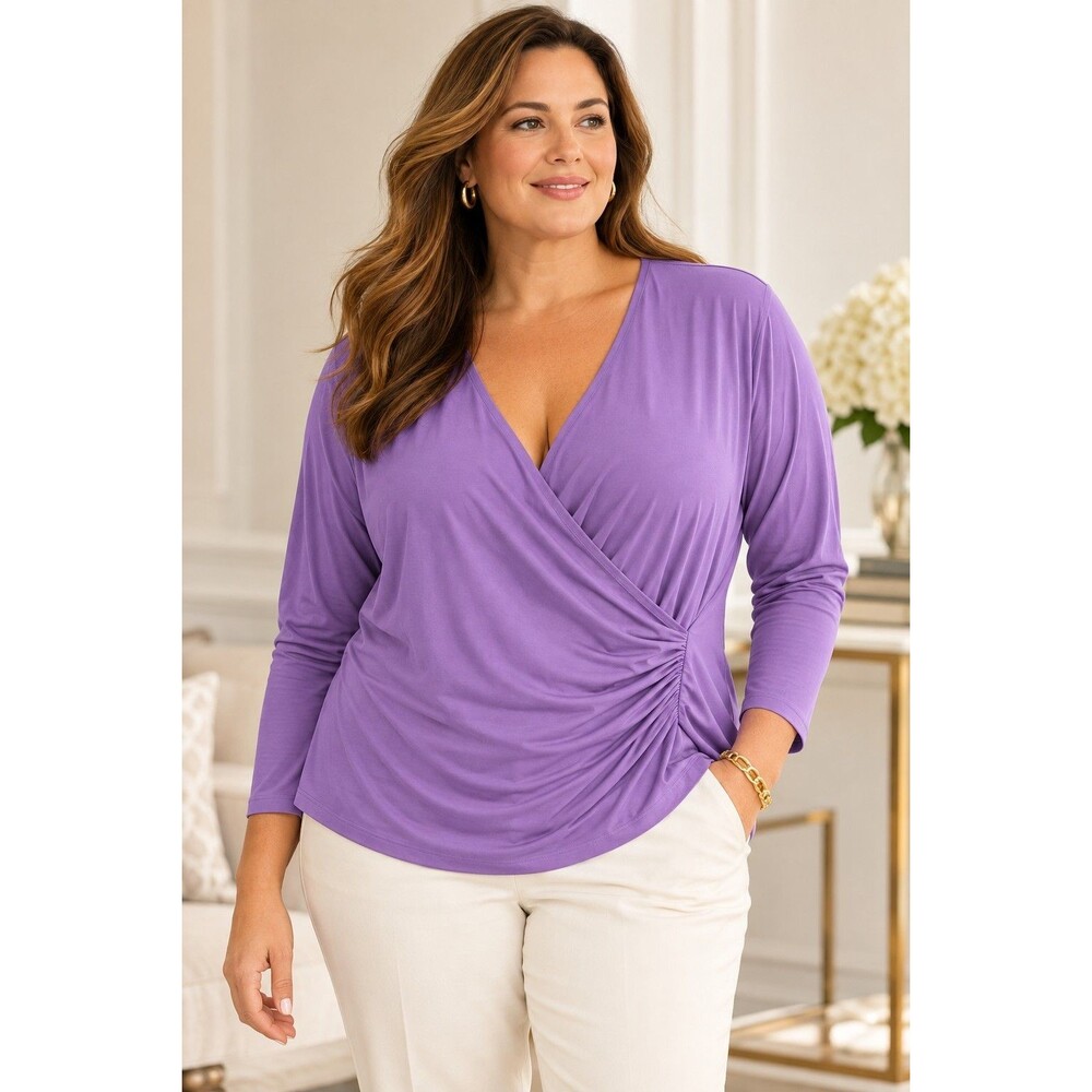 Talbots Womens 2XP Faux Wrap Top Purple Long Sleeve Surplice Ruched Stretchy
